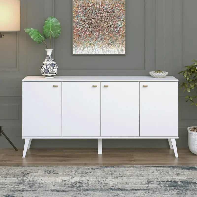 Madia/Credenza a 4 ante bianca/grigio sbiancato in stile Mid-Century Modern – Posti a sedere 4-6