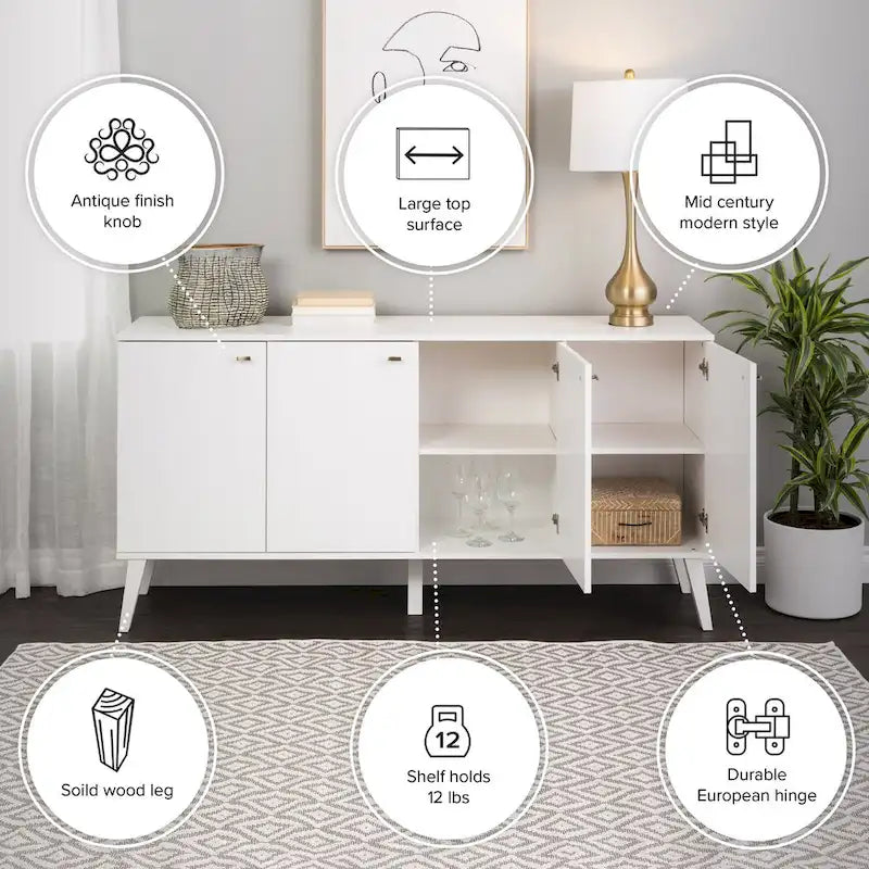 Madia/Credenza a 4 ante bianca/grigio sbiancato in stile Mid-Century Modern – Posti a sedere 4-6