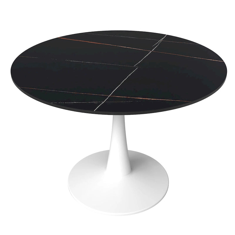 LeisureMod Bristol 40 Round Dining Table for 4 with Sintered Stone Tabletop in White Base for Kitchen & Dining Room