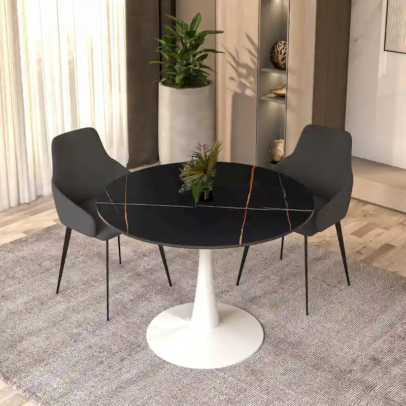 Tavolo da pranzo rotondo in pietra sinterizzata bianco/nero per 4 persone, base a piedistallo singolo