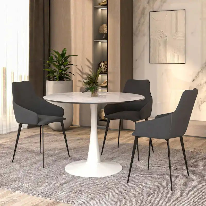 Tavolo da pranzo rotondo in pietra sinterizzata bianco/nero per 4 persone, base a piedistallo singolo