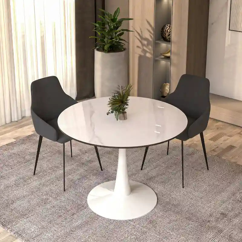 Tavolo da pranzo rotondo in pietra sinterizzata bianco/nero per 4 persone, base a piedistallo singolo