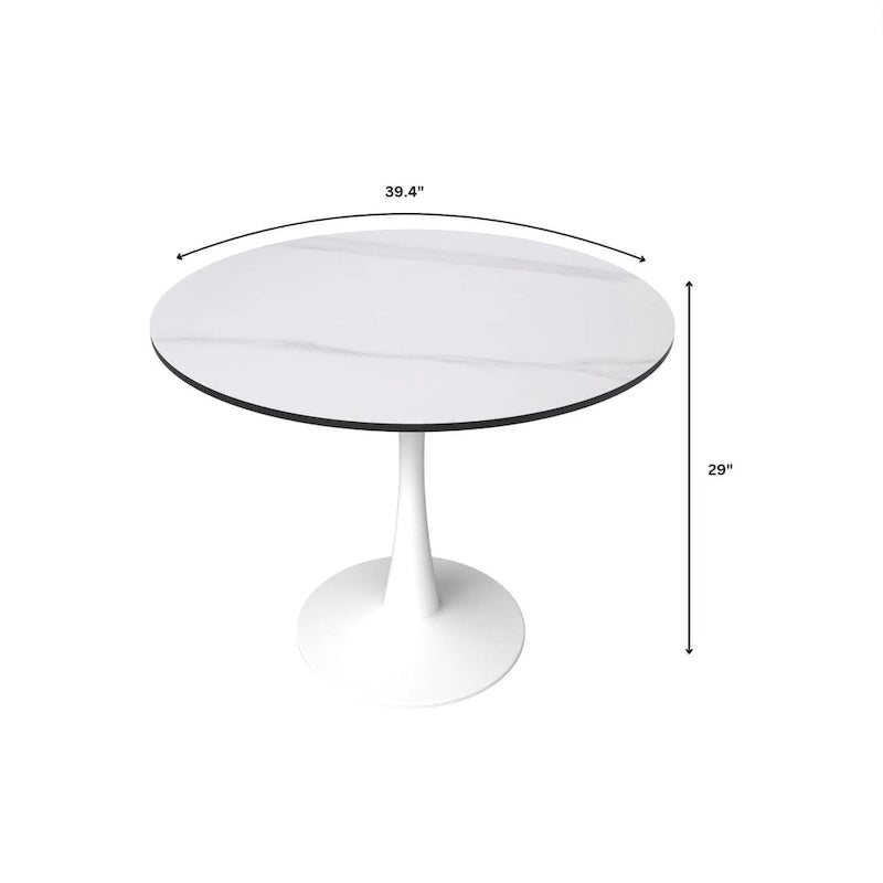 Tavolo da pranzo rotondo in pietra sinterizzata bianco/nero per 4 persone, base a piedistallo singolo