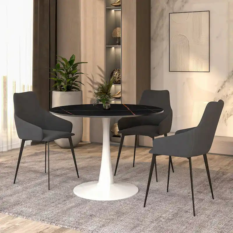 Tavolo da pranzo rotondo in pietra sinterizzata bianco/nero per 4 persone, base a piedistallo singolo