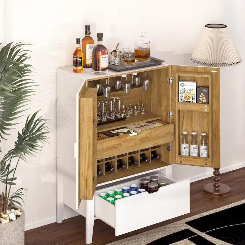 Credenza in stile industriale marrone+bianco / nero+marrone con portabottiglie e portacalici, per 1