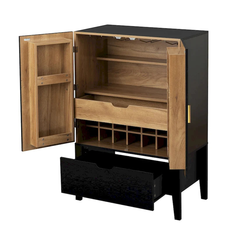 Credenza in stile industriale marrone+bianco / nero+marrone con portabottiglie e portacalici, per 1