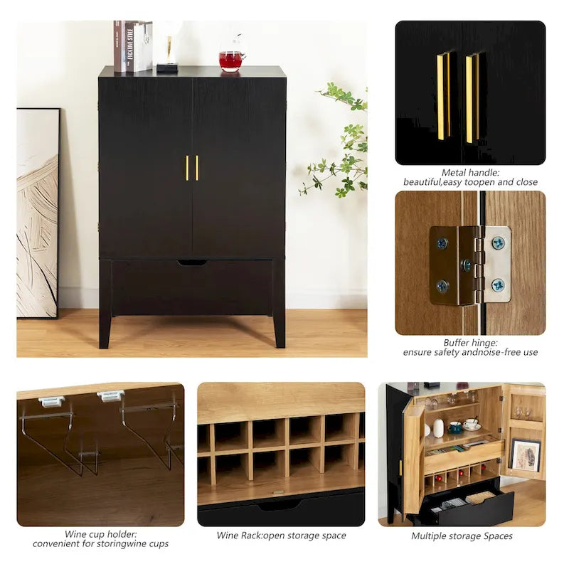 Credenza in stile industriale marrone+bianco / nero+marrone con portabottiglie e portacalici, per 1
