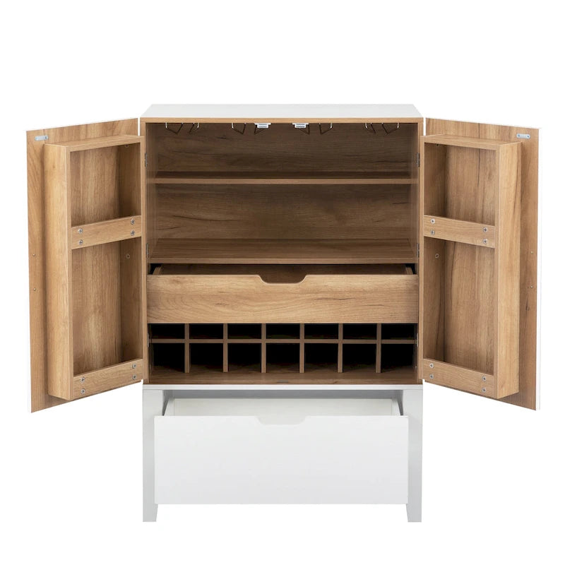 Credenza in stile industriale marrone+bianco / nero+marrone con portabottiglie e portacalici, per 1