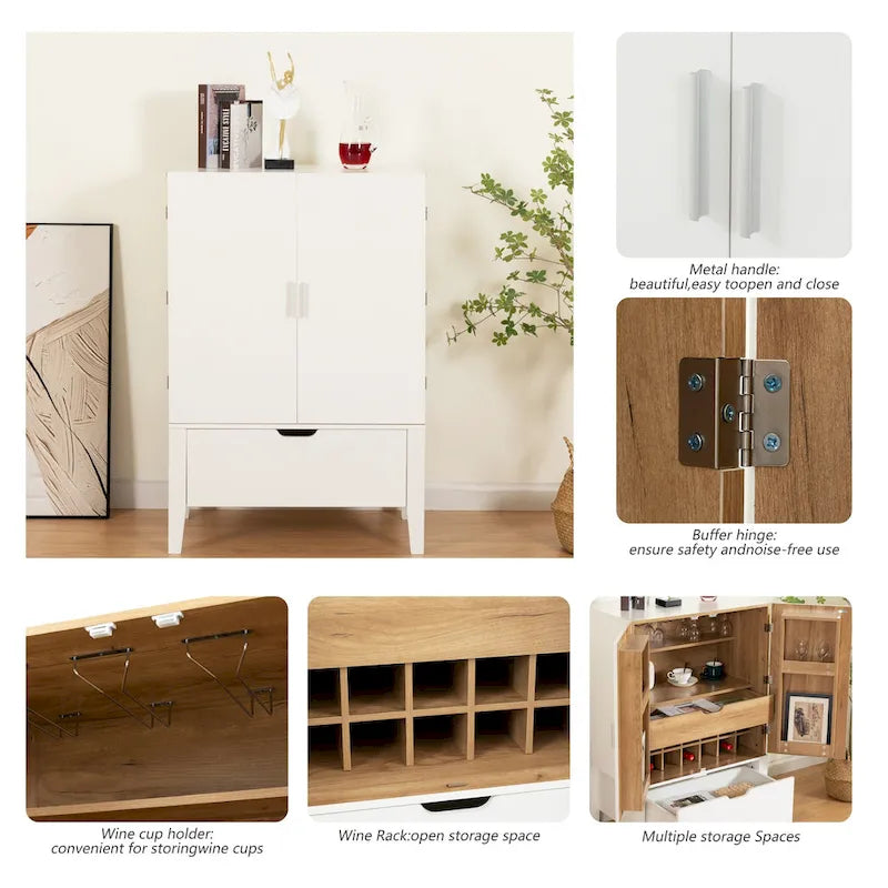 Credenza in stile industriale marrone+bianco / nero+marrone con portabottiglie e portacalici, per 1
