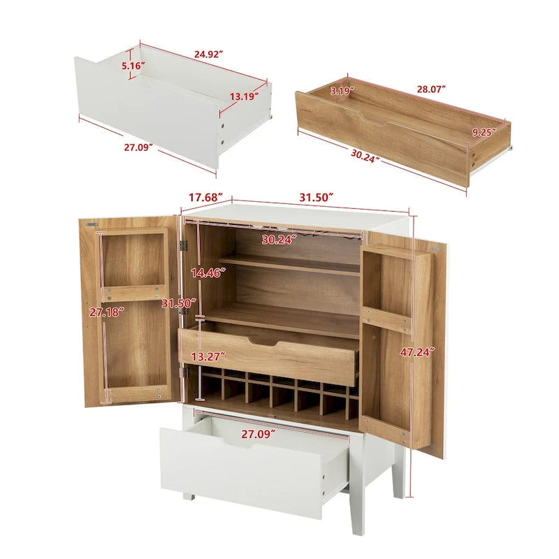 Credenza in stile industriale marrone+bianco / nero+marrone con portabottiglie e portacalici, per 1