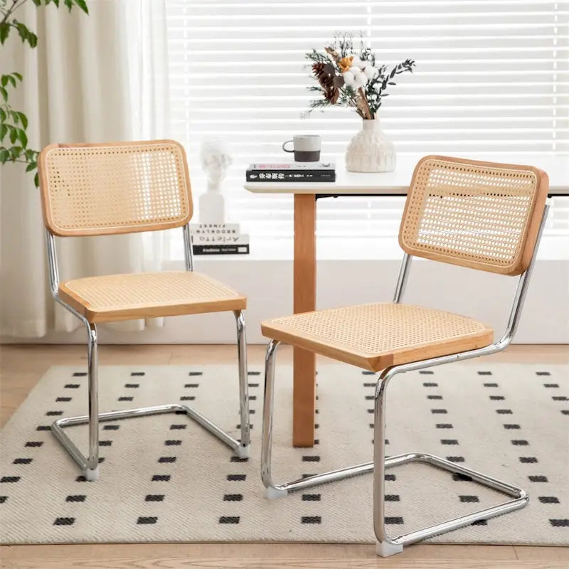 Sedia da pranzo a sbalzo Burly Wood Rattan con gambe cromate, set da 2