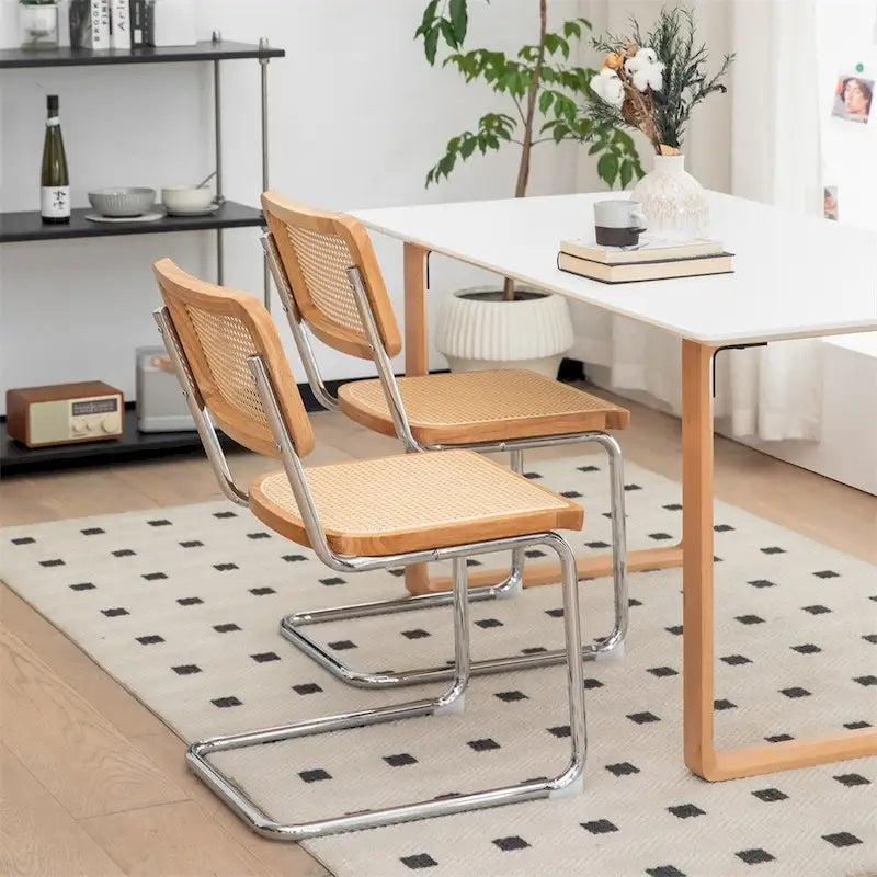 Sedia da pranzo a sbalzo Burly Wood Rattan con gambe cromate, set da 2