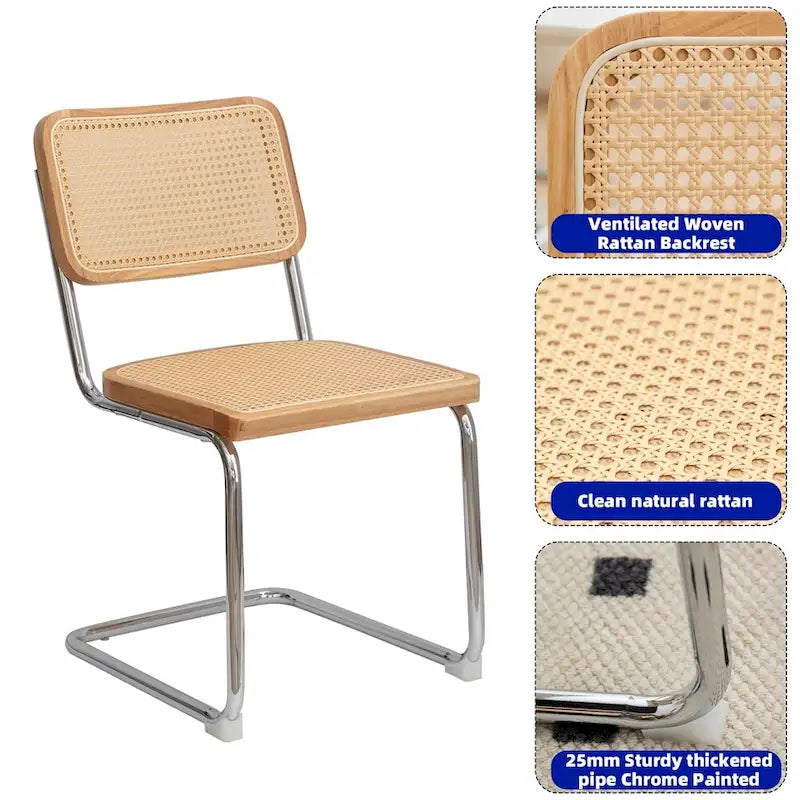Sedia da pranzo a sbalzo Burly Wood Rattan con gambe cromate, set da 2